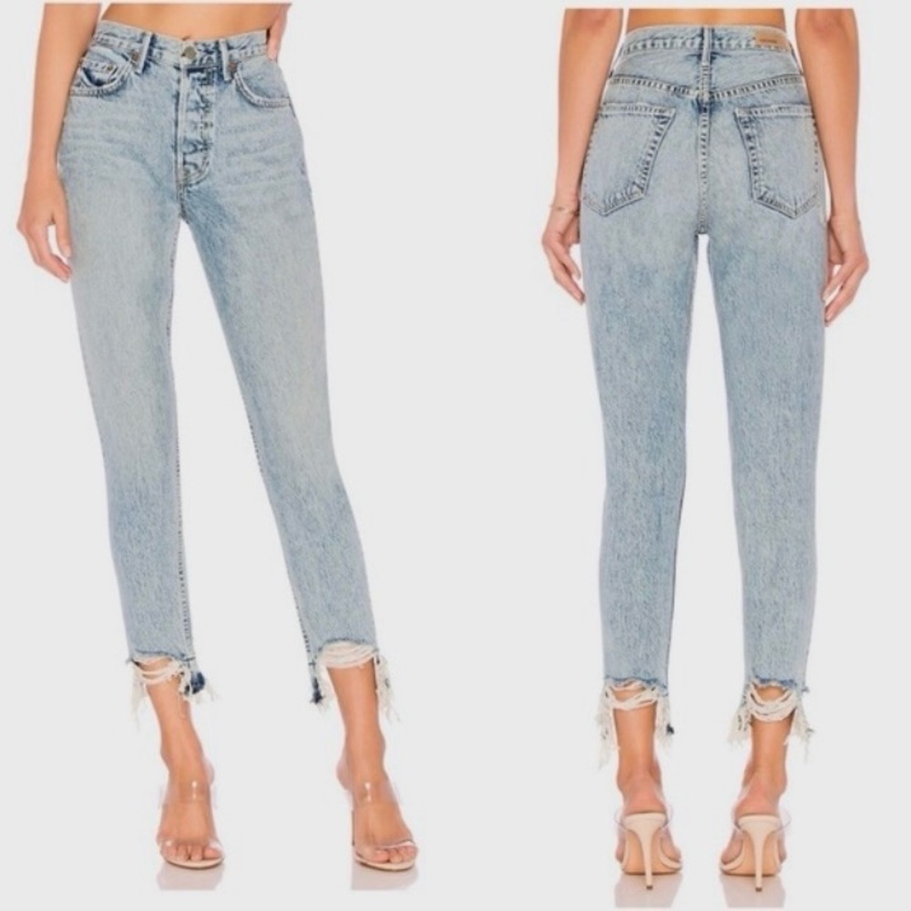GRLFRND Karolina  High Rise Chewed Hem Skinny Jeans in Forget Me Never - Size 31